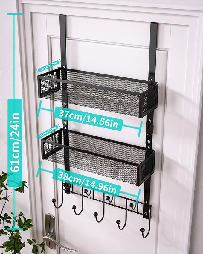 HapiRm Over The Door Hanger with Coat Hooks and 2 Baskets, Rustproof & Waterproof Over The Door Hooks, Storage Organizer for Hats, Bathroom, Kitchen, Bedroom-Black (for 1.76in Doors)