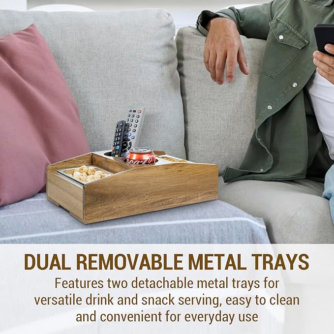 MyGift Cup Holder Tray and Couch Snack Caddy, Premium Solid Acacia Wood Sofa Beverage Drink and Snack Server with 2 Removable Metal Trays-NeatNest