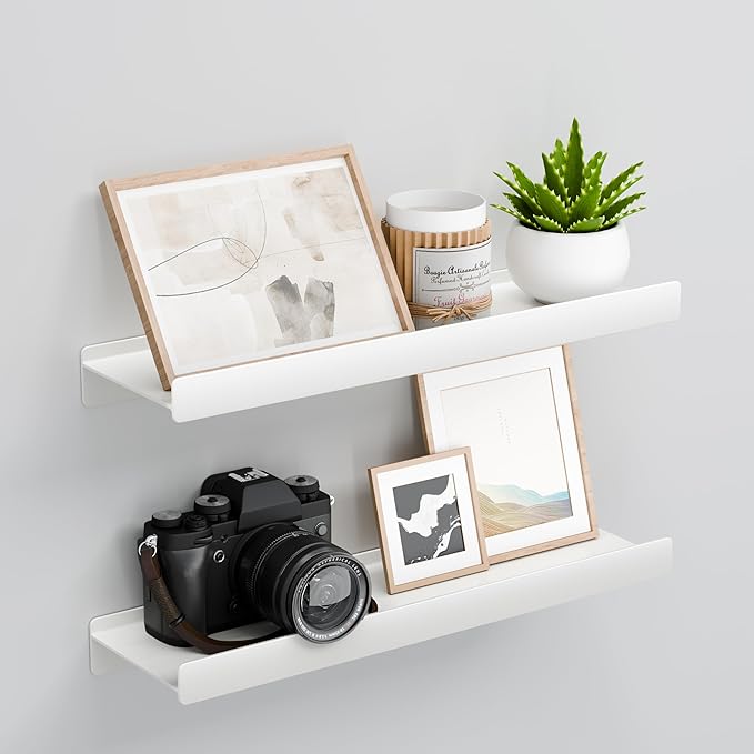 Floating Shelves for Wall, Wall Mounted Shelves with Lip for Storage, Metal Display Shelves for Home Decor, Kitchen/Living Room/Bedroom/Bathroom Shelf, White 16 inch 2 Pack-NeatNest
