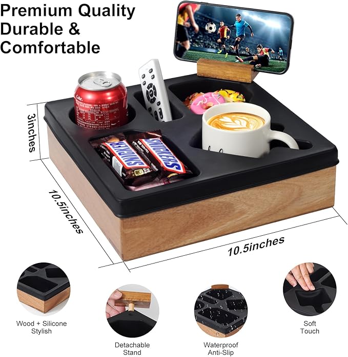 Couch Cup Holder Tray – Spill-Proof Wooden Sofa Organizer with Silicone Insert for Snacks, Drinks, Remote & Phone, Waterproof Caddy for Bed, Car, RV & Living Room (Black)-NeatNest