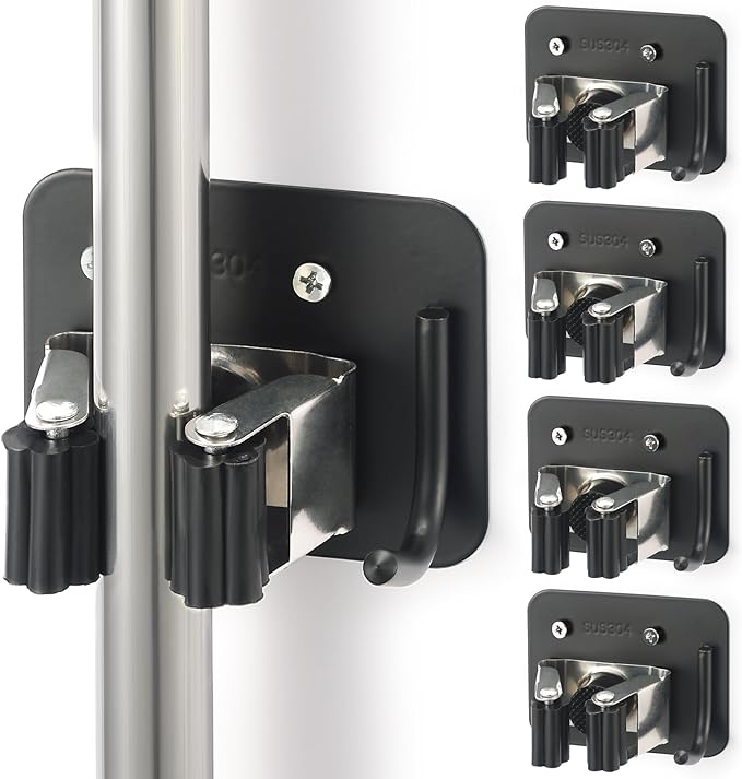 Broom Holder Wall Mount Screw Drilling, Sturdy Heavy Duty Stainless Steel Mop Gripper Rack Perforated, Perfect for Laundry Room Organizer, Fit with Laundry Kitchen Garage Garden Storage System-NeatNest
