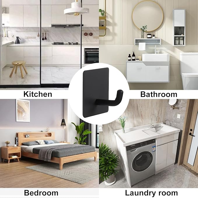 Bath Towel Hooks - 10 Pack Strong Self Adhesive Coat/Clothes Hooks, No Drilling Sticky Hooks, Heavy Duty 304 Stainless Steel Shower Wall Hook for Bathroom Kitchen Bedroom(Matte Black)