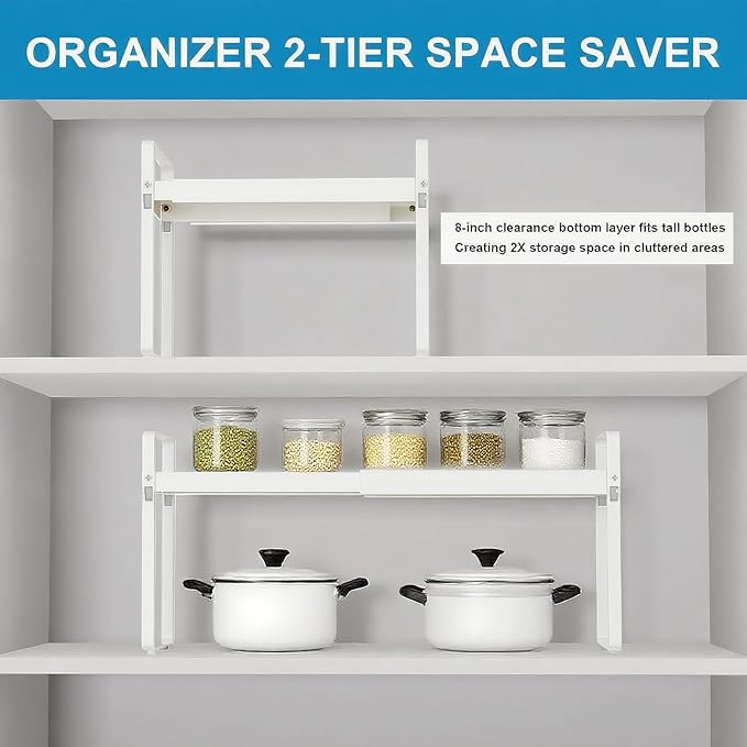 Expandable Cabinet Shelf Organizer 14-25 Inch Adjustable Length, 9" Wide 2-Tier (8" Bottom Layer) Metal Storage Rack for Kitchen Pantry, Under Sink Countertop - Heavy Duty White(1 Pack)