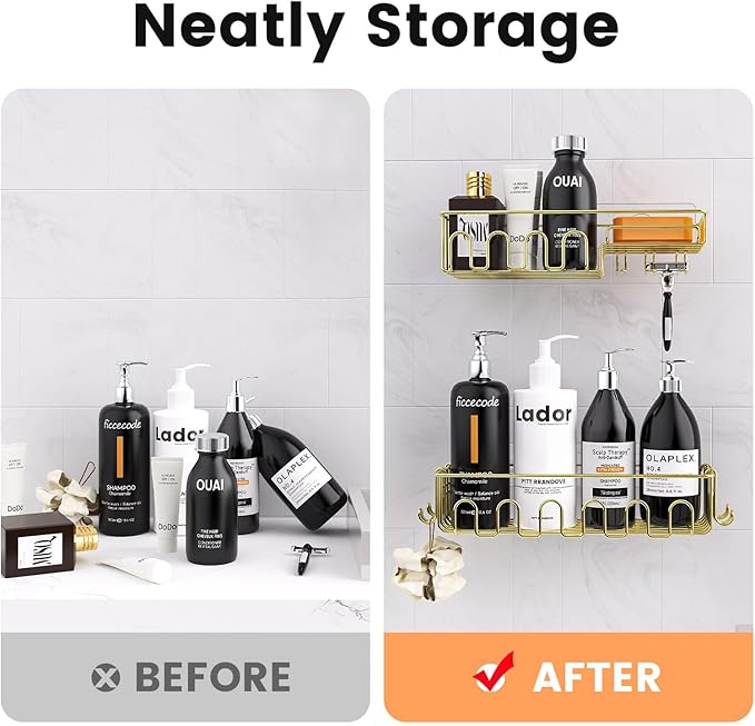 Adhesive Shower Caddy: 2 Bonus Hooks, 4-Pack Wall Mounted Bathroom Storage Shelf, Rustproof Metal Basket Organizer for Kitchen & Bathroom No Drill Gold