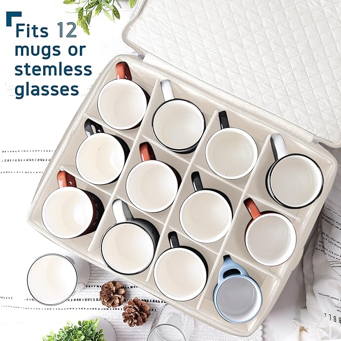Hearth & Harbor Coffee Mug Storage, Quilted and Stackable Coffee Cup Storage Organizer for Service of 12, Mug Storage Box with Dividers, China Containers Hard Shell for Moving and Organization, Cream-NeatNest
