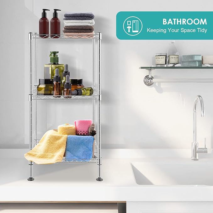 BNSPLY 3-Tier Adjustable Shelving Unit, Metal Wire Rack with NSF Certified, Leveling Feet, Standing Storage Shelf for Laundry, Bathroom, Kitchen, Pantry, Closet, Chrome-NeatNest