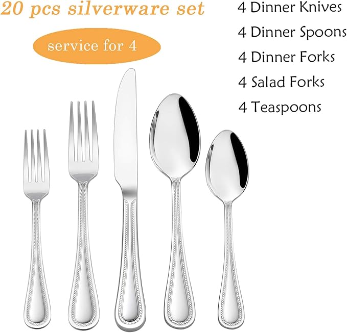 20-Piece Silverware Set, HaWare Stainless Steel Flatware Service for 4, Pearled Edge Tableware Cutlery Include Knife/Fork/Spoon, Beading Eating Utensil for Home, Mirror Polished, Dishwasher Safe