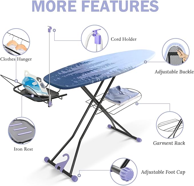 APEXCHASER Ironing Board Full Size, Metal Panel Iron Board with Heat & Scorch Resistant Cover, Adjustable Height Heavy Duty Ironing Board with Stretchable Iron Rest, for Home, Dorm, 18 x 51, Purple