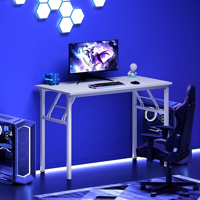 DlandHome Folding Desk - 31.5 Inches, Small Computer Desk for Home Office, Folding Table, Writing Table for Small Spaces, No Assembly Required, White & White Frame-NeatNest