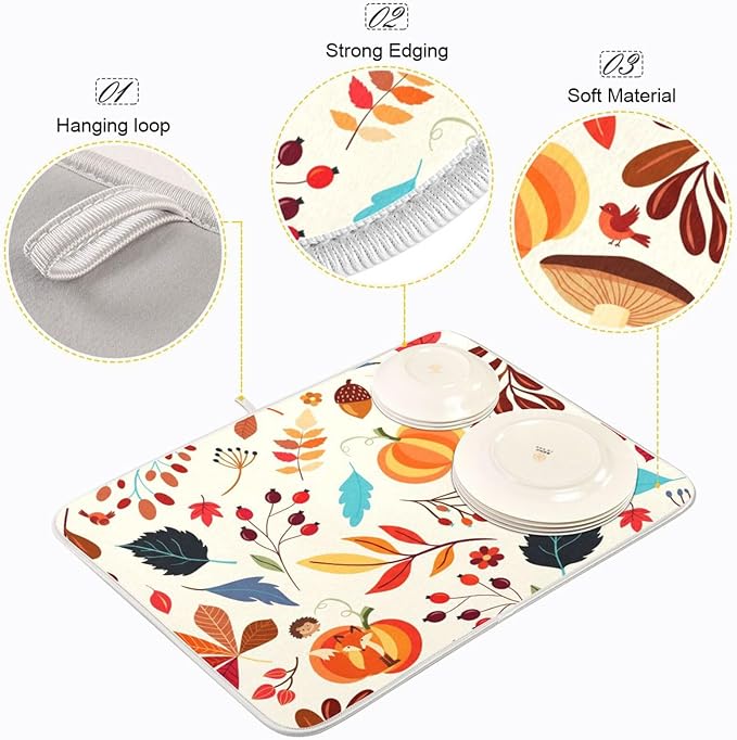 Absorbent Dish Drying Mat Autumn Pumpkins Fall Leaves Thanksgiving Day Kitchen Counter Mat Protector,Reversible,Medium 18 x 16 Inches