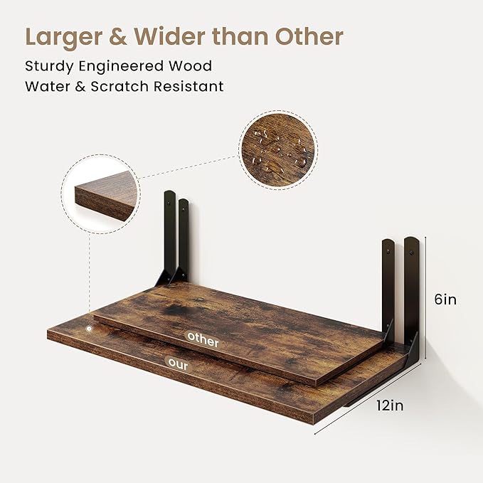 Fun Memories Rustic Brown 12 Inch Deep Floating Shelves Set of 2, Wall Mounted Shelf with Metal Brackets, Rustic Wood Wall Shelf for Bathroom, Kitchen and Living Room-NeatNest