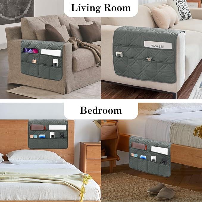 Couch Armrest Organizer Remote Control Holder Bedside Caddy with 6 Pockets, Non-Slip Armchair Caddy Sofa Armrest Organizer for Tv Remote Control, Magazine, Cell Phone, Dark Grey-NeatNest