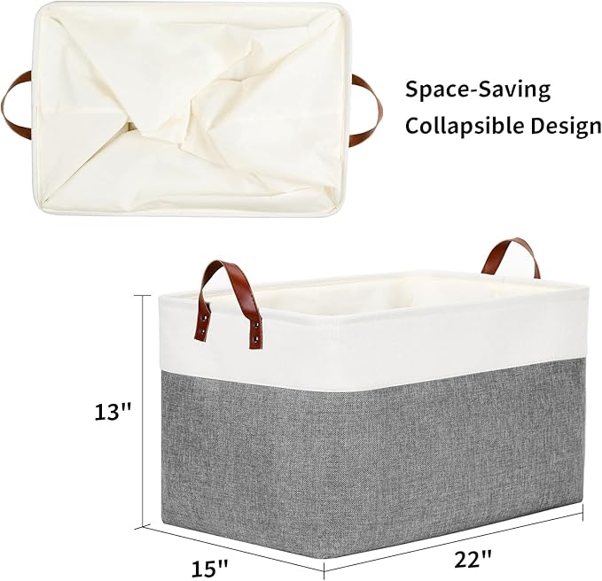 DULLEMELO Extra Large Storage Basket for Organizing, 70L Oversized Storage Bin Foldable Canvas Fabric Blanket Basket, 22" x 15" x 13" Large Kids Toy Basket Organizer with Handles (White&Grey)-NeatNest