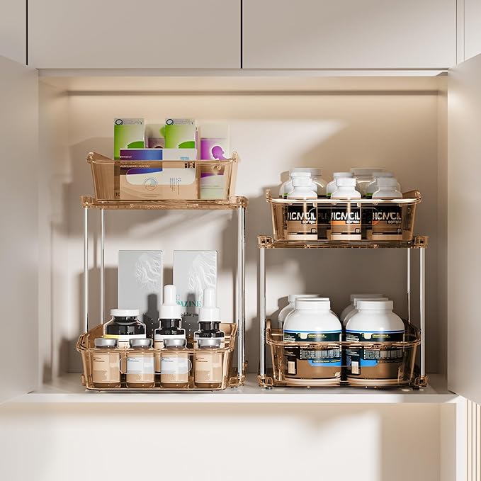 Delamu 2 Sets of 2-Tier Clear Under Sink Organizers and Storage, Multi-Purpose Stackable Bathroom Cabinet Organizers, Amber-NeatNest