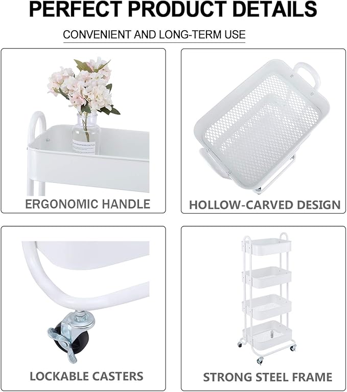 Melody House 4-Tier Metal Mesh Utility Rolling Cart Storage Organizer Shelf Rack with Lockable Wheels for Living Room Kitchen Office, White