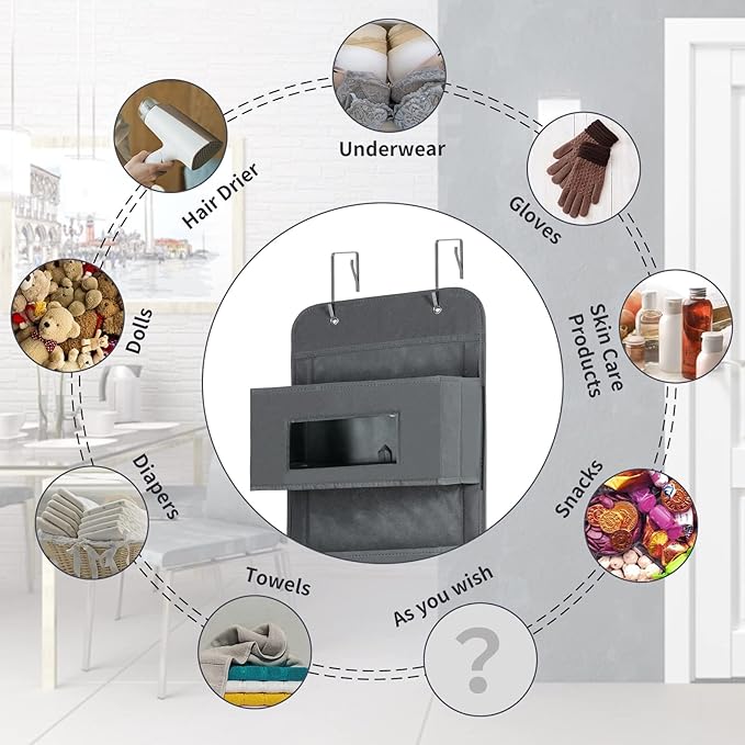 5-Shelf Over The Door Hanging Organizer with 2 Metal Hooks,5 Pocket Over The Door Wall Mount Storage with Clear Windows for Baby Nursery Bathroom Closet,Bedroom,Dorm (Gray-2 Pack)-NeatNest