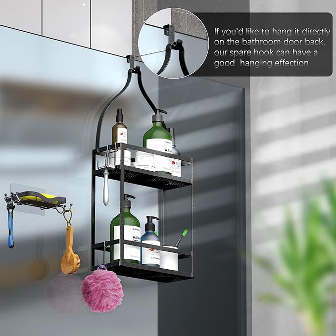 Meangood Shower Caddy Organizer with Soap Holder,Mounting Over Shower Head Or Door,Extra Wide Space for Shampoo, Conditioner, and Soap with Hooks for Razorsand More, Matte Black