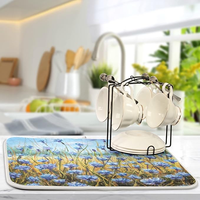 Absorbent Dish Drying Mat for Kitchen Counter - Oil Painting Flowers Microfiber Drying Pad, Reversible Drainer Mats for Countertop, Small 16" x 18"