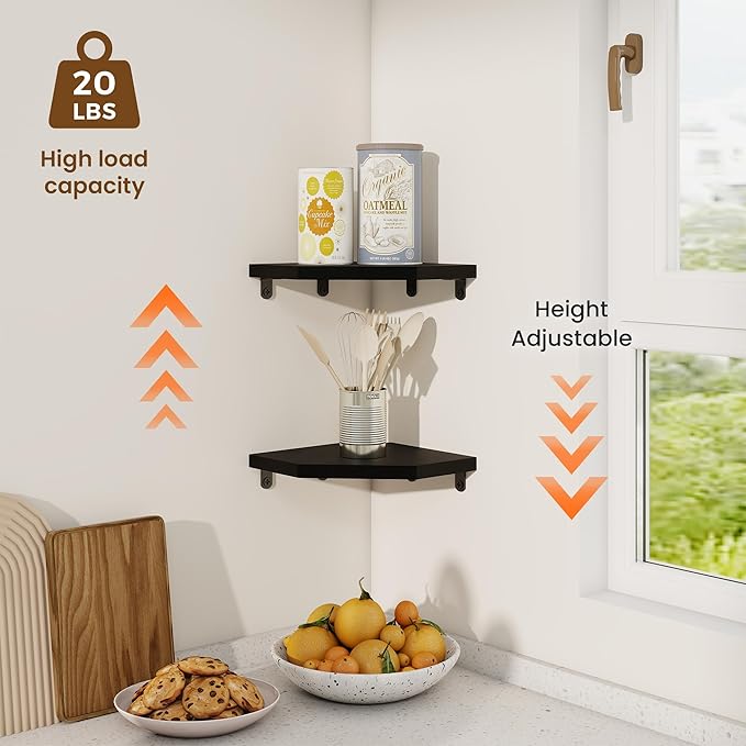 Fun Memories Corner Shelf Wall Mount, Solid Oak Wood Floating Corner Shelves with Cable Hole, 7in Rustic Design for Bedroom, Bathroom, Kitchen, Living Room (Black, 1 Pack)-NeatNest