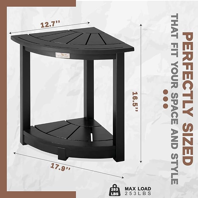Acacia Corner Shower Stool, Waterproof Spa Foot Rest & Bath Bench with Storage Shelf & Soap Dish, Ideal for Bathroom, Shaving Legs, or as Small Corner Table/Step Stool (Black)