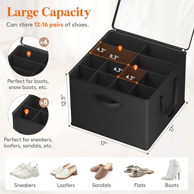 Lifewit Shoe Storage Organizer for Closet, Fits 12-16 Pairs, Large Shoe Box Storage Containers with Clear Cover and Reinforced Handles, Foldable Storage Bins Fit for Boots Heels Sneakers, 1 Pack Black-NeatNest
