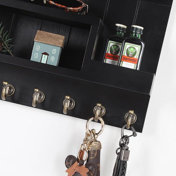 DOPACE Key Holder for Wall, Mail Organizer Wall Mounted, Mail and Key Organizer with 6 Key Hooks for Entryway and Home Decor, Black