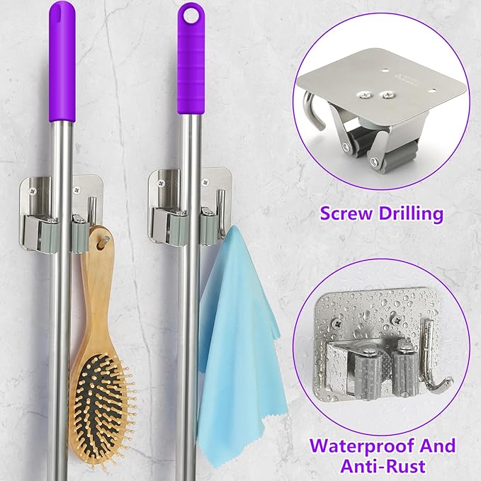 Broom Holder Wall Mount Screw Drilling, Sturdy Heavy Duty Stainless Steel Mop Gripper Rack Perforated, Perfect for Laundry Room Organizer, Fit with Laundry Kitchen Garage Garden Storage System-NeatNest
