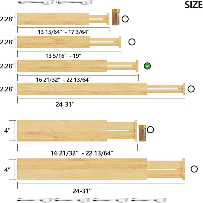 BAMEOS Drawer Dividers kitchen Organization Bamboo Utensil Organizers for Kitchen Bedroom Bathroom Dresser Office 4-pack-NeatNest