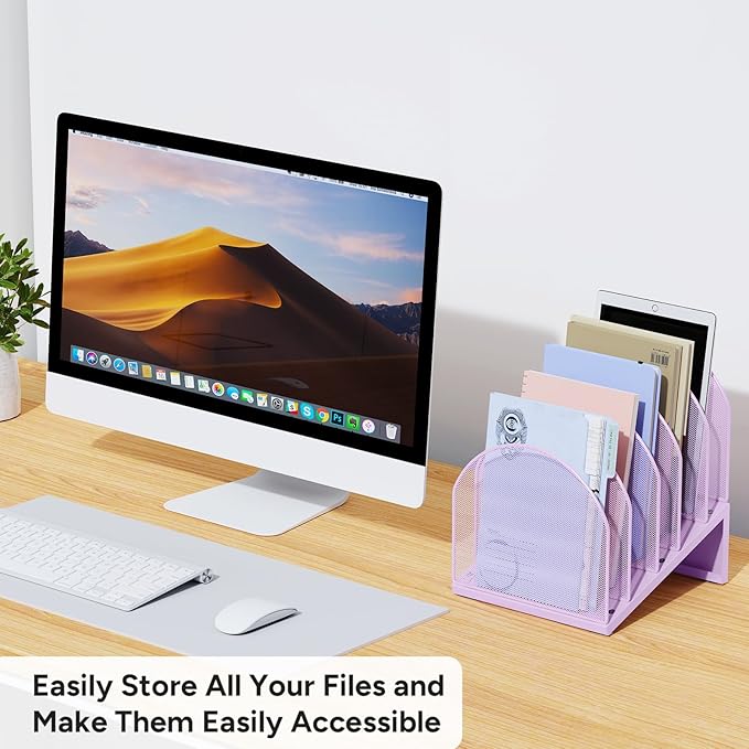 5-Section Desk File Organizer, Metal Mesh Folder Organizer for Documents, Mail & Office Papers (Purple)
