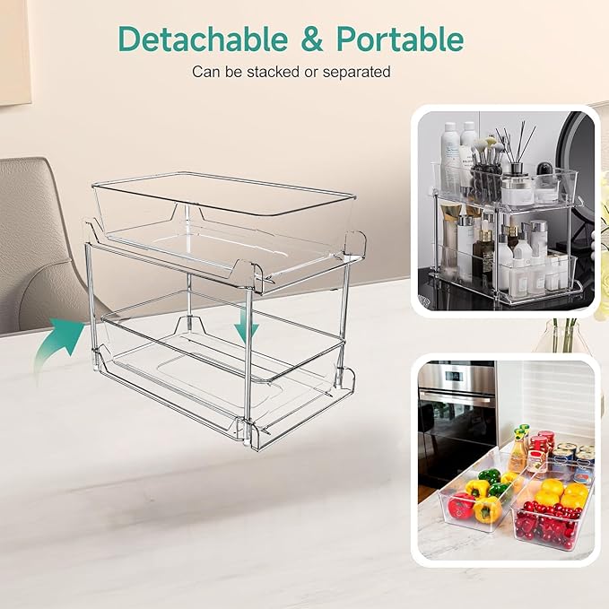 Clear Under Sink Organizers, Pull Out Cabinet Organizer,2 Tier Bathroom Storage Organizer,Cabinet Drawers Organization Bins with Track for Kitchen,Pantry,Fridge,Vanity
