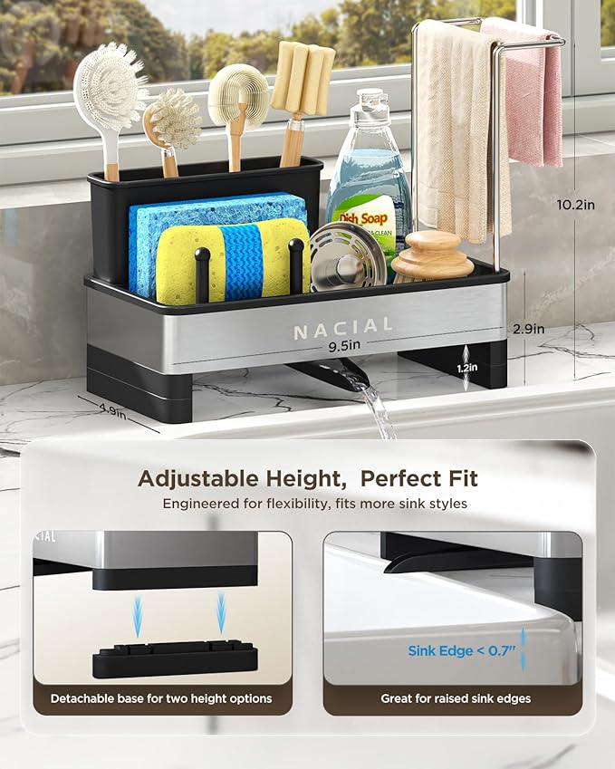 Nacial Kitchen Sink Caddy Organzier with High Brush Holder, Sponge Holder for Kitchen Sink with Two Towel Racks & Soap Dispenser- Rustproof 304 Stainless Steel Kitchen Countertop Storage Essentials-NeatNest
