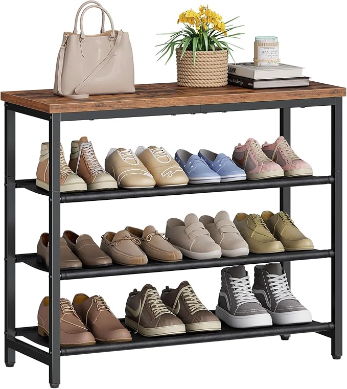 HOOBRO Shoe Rack with 3 PU Shelves, 4-Tier Shoe Storage Organizer for Closet and Entryway, Holds 9-12 Pairs of Shoes, Sturdy Metal Frame, Small Spaces, Rustic Brown and Black BF94XJ01-NeatNest