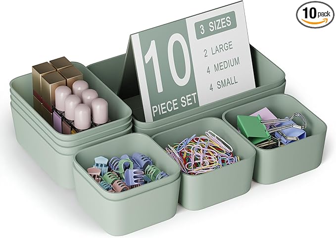 Plastic Drawer Organizers, 10 PCS Drawer Organizer Bins, Bathroom and Vanity Organizer Plastic Tray, Makeup organizer and storage for Makeup, Bedroom, Kitchen Gadgets Utensils and Office (Green)-NeatNest