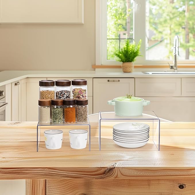Acrylic Clear Kitchen Rack for Dishes, Spices Jars and Mugs, Kitchen Counter Cabinet Organizer, Clear Spice Rack Shelves, 5mm Thick, 2 Pack-NeatNest