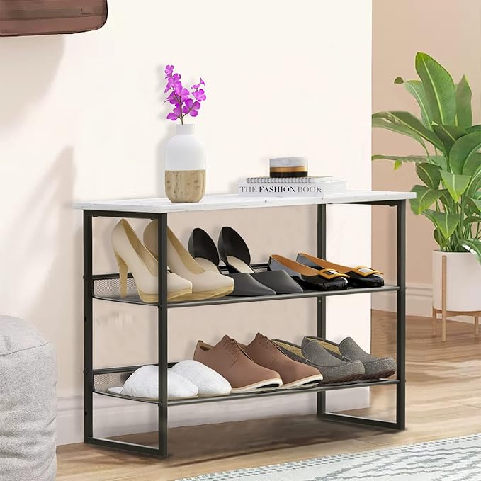 Garden 4 you 3 Tiers White Marble Shoe Rack,Freestanding Organizer Multi-Purpose Adjustable Flat and Slant Storage Rack Shoe Shelf, High Heels Potted Plant for Entryway Hallway Living Room Closet-NeatNest