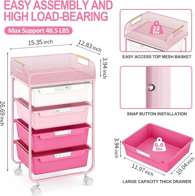 Rolling Cart with 4 Drawers,4 Tiers Rolling Utility Cart Craft Cart,Rolling Storage Drawer Cart with Mesh Top,Storage Cart with Drawers & 4 PCS DIY Lable, Rose Pink