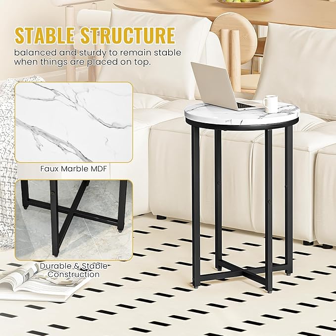 DKLGG Modern Black Side Table Set of 2, Small Coffee Table Round End Table with Black Frame, Faux Marble Bedside Table for Living Room, Bedroom, Small Space, 16" D*24" H
