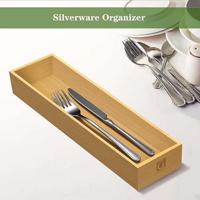 Bamboo Drawer Silverware Organizer, Flatware Organizers, Multi-purpose Bamboo Storage Box for Kitchen, Offices and Dressing table 11.5" x 3.15" x 1.8" (Set of 2)-NeatNest