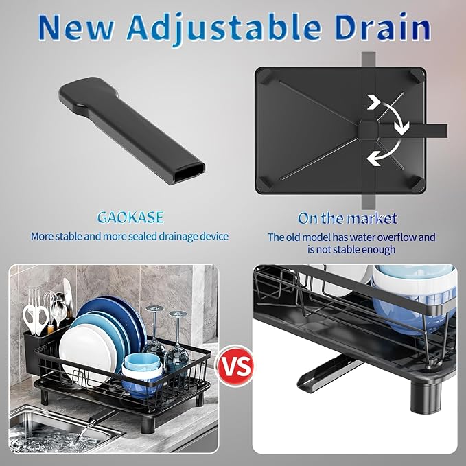 Dish Drying Rack, Space-Saving Dish Rack, Dish Racks for Kitchen Counter, Kitchen Dish Drainers with Removable Utensil Holder, Plate Rack and Drainboard, 11''W x 15''L, Black