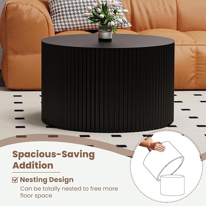 WXFKLDJ Round Nesting Coffee Table Set Cylindrical Wooden Coffee Table Sofa Center Table Circle Embossed Design Side Table for Living Room Apartment No Assembly (Round Black Small)