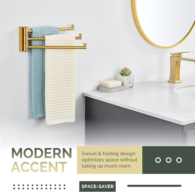 Angle Simple Swivel Hand Towel Rack, SUS 304 Stainless Steel Foldable 3 Towel Holder Bars for Bathroom Kitchen, Brushed Gold