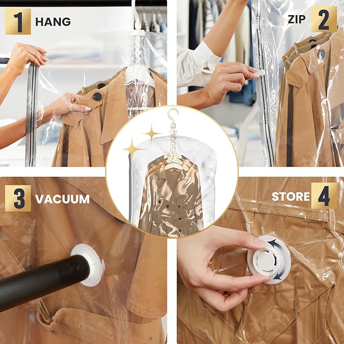 TAILI Hanging Vacuum Storage Bags Space Saver Bags, Vacuum Sealer Bags for Clothing, Suits and Jackets, Closet Organizers and Storage, (3 Long, 3 Short) Clear-NeatNest