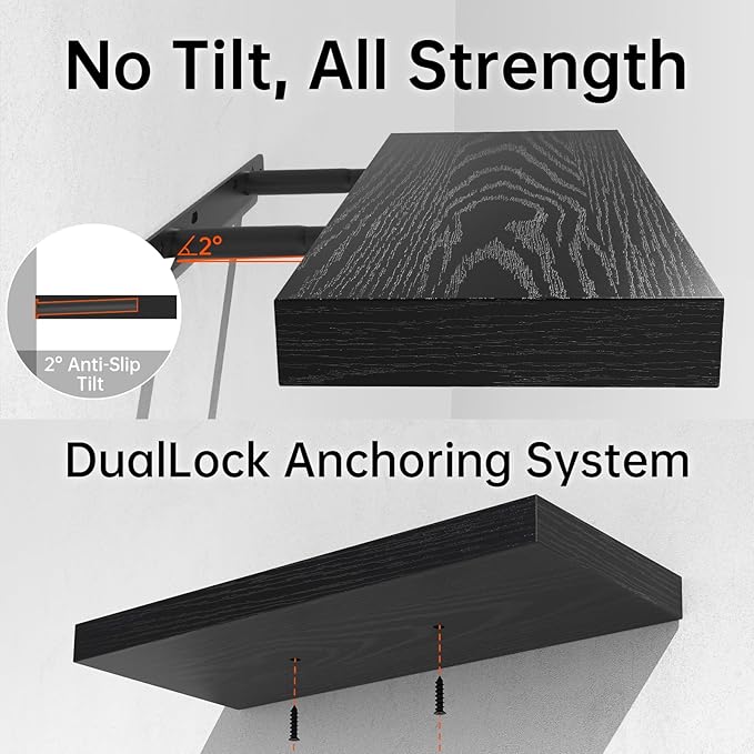 BAYKA Floating Shelves, 48 inches Long Heavy Duty Wall Mounted Rustic Wood Shelves for Bathroom, Bedroom, Living Room, Kitchen, Office, Hanging Shelf for Books/Storage/Decor(Black,Set of 2)-NeatNest