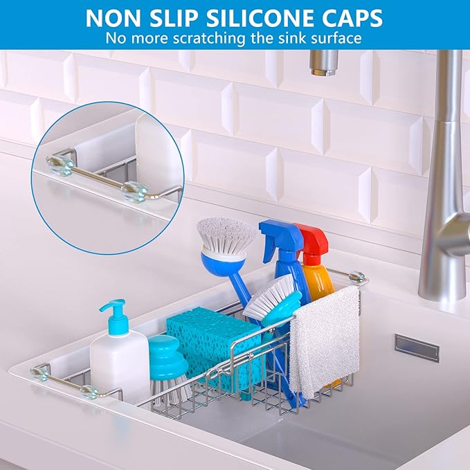 Over The Kitchen Sink Caddy Sponge Holder Organizer Drying Rack Expandable for Sponge Brush Soap Dish Cloth Rag Smaller 12.25" to 17.25", Stainless Steel-NeatNest