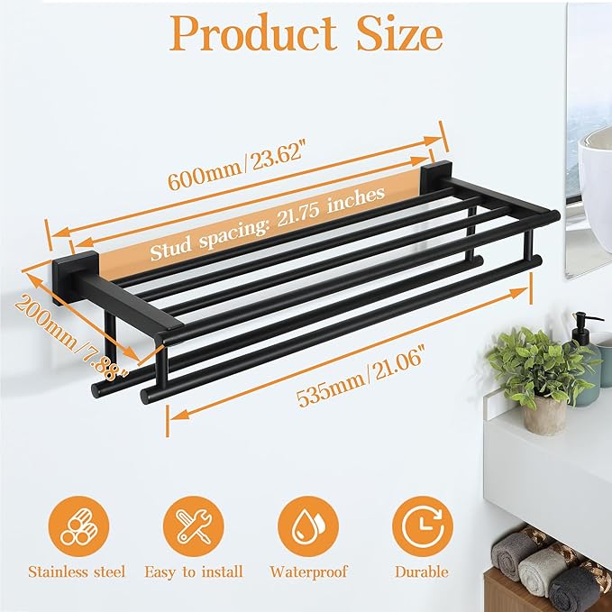 Alise Double Towel Rack for Bathroom,24 Inch Bathroom Tower Holder Towel Shelf with Double Towel Bars Wall Mount,SUS304 Stainless Steel Double Tower Bar for Bathroom Wall,Towel Hanger Matte Black