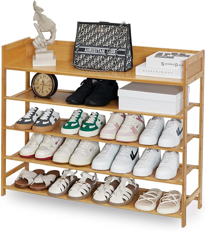 Bamboo Shoe Rack Organizer, 5 Tier Shoe Shelf Storage Organizer, for Entryway, Hallway, and Closet (Nature-39)-NeatNest