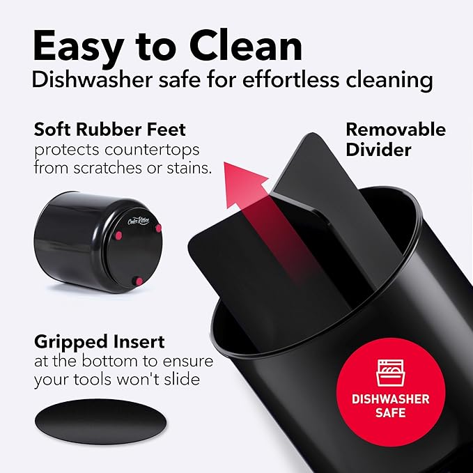 Extra Large Sturdy Rotating Black Utensil Holder Caddy with No-Tip Weighted Base, and Gripped Insert - Rust Proof and Dishwasher Safe Kitchen Utensils Holder-NeatNest