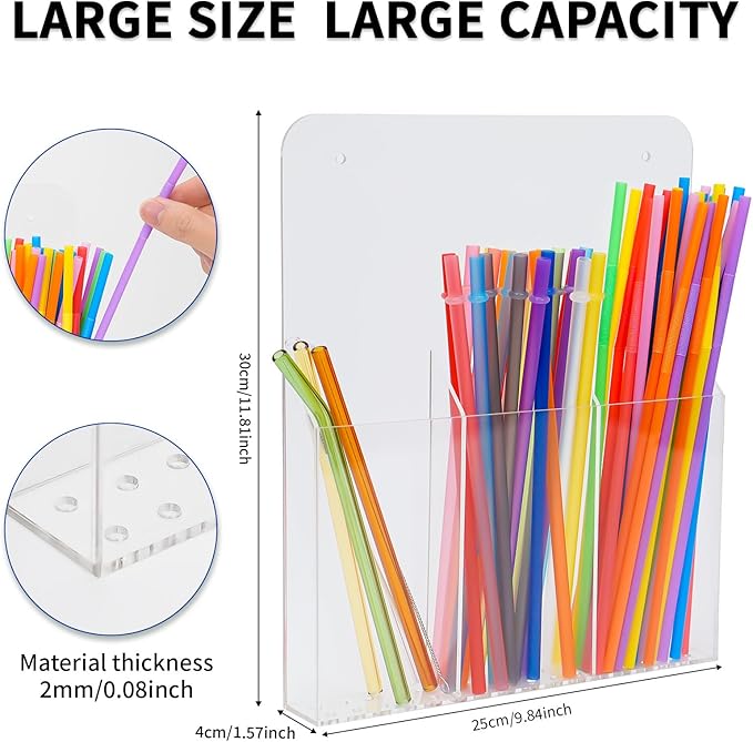 Acrylic Straw Holder for Cabinet Large Capacity Thickened 11.81"x9.84" Adhesive Cabinet Door Organizer Drinking Straws Storage Organizer for Cupboard Reusable for Kitchen