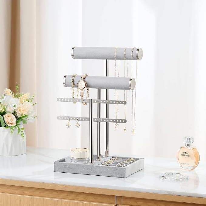 3 Tier Bracelet Holder Display - Detachable T Bar Grey Velvet Bracelet Holder, Jewelry Holder Organizer for Bracelet, Necklace, Earrings, Rings