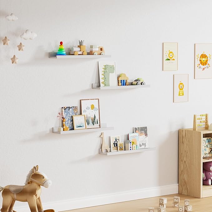 Floating Shelves for Wall, 24 inch Solid Wood Picture Ledge Shelf, Picture Shelf for Wall with Ledge, Floating Book Shelves for Living Room Bedroom Kitchen Nursery Decor, White, Set of 2-NeatNest